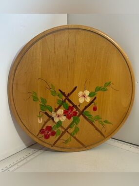 Vintage hand painted‎ wooden circular round wooden tray